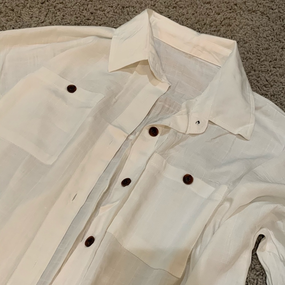 Bohemian White Shirt Dress Button Up Cotton Linen - Picture 7 of 9